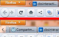 Firefox 4 beta 9 nekoliko premakne (zgoraj) polo&#382;aj zavihkov v primerjavi z beto 8 (spodaj).
