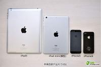 Mini (drugi z leve) v primerjavi z novim iPadom, iPhone 5 in iPhone 4S.