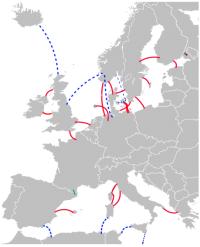  Red - existing links \\ Green - under construction \\ Blue - proposed