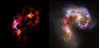 Isti del vesolja. Levo: ALMA; desno: Hubble.