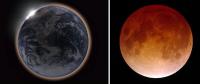Levo: fotomonta&#382;a, kako bi Lunin mrk opazovali z Lune (torej gre za Son&#269;ev mrk). Desno: Lunin mrk z Zemlje.